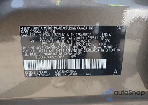 2012 Toyota Rav4 Limited z USA, uszkodzony, nr VIN 2T3DF4DV3CW212095